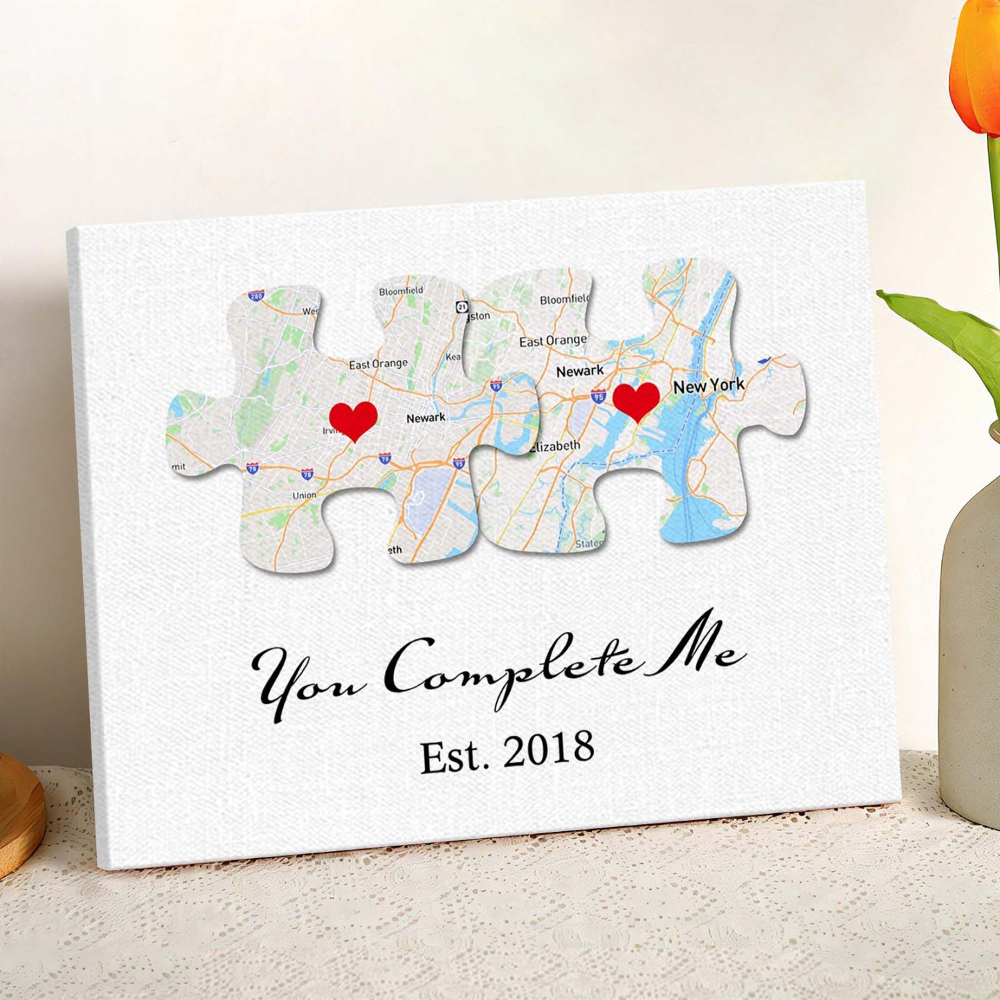 Custom Text and Map You Complete Me Canvas Print Personalized Wall Decor Gift for Couple - soufeelau