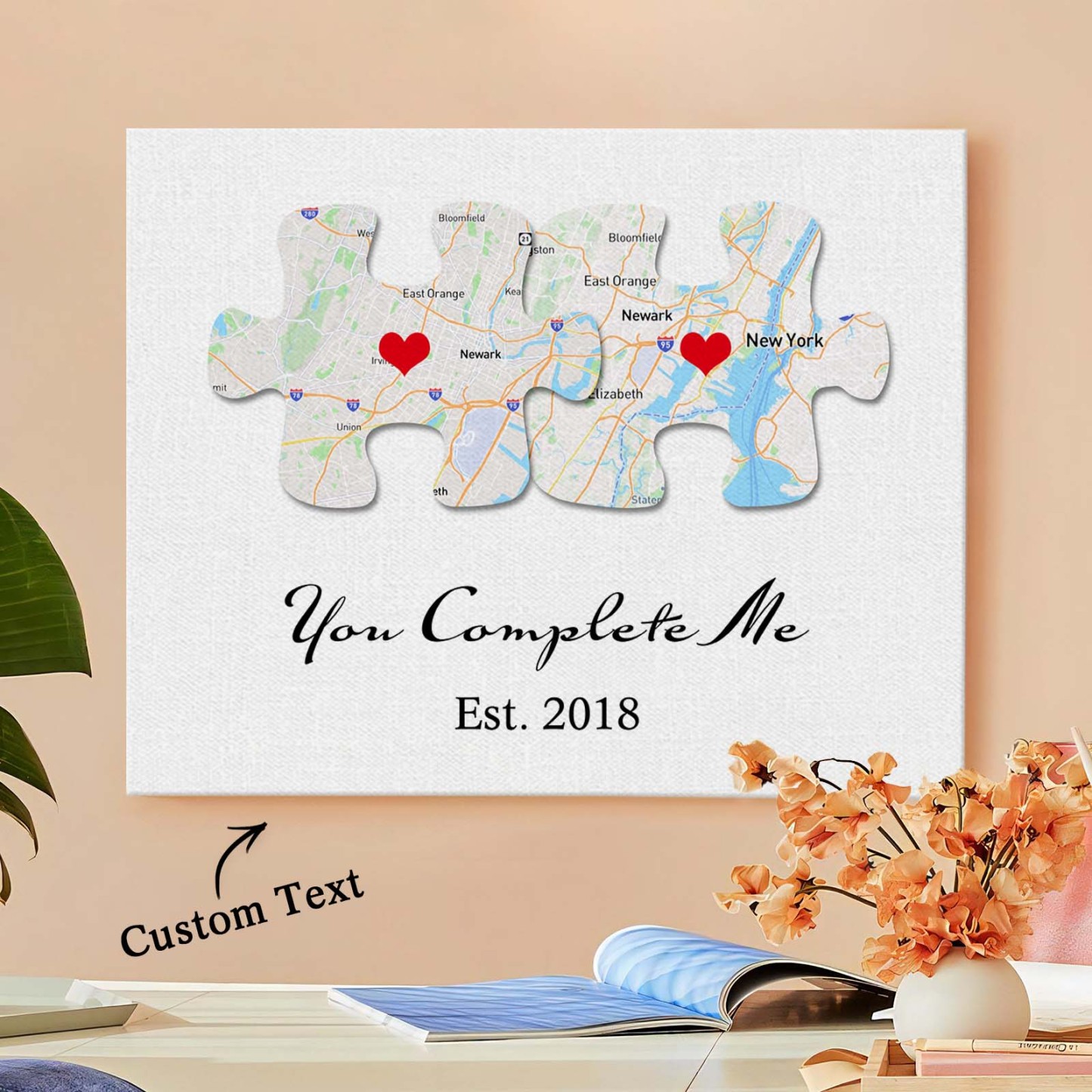 Custom Text and Map You Complete Me Canvas Print Personalized Wall Decor Gift for Couple - soufeelau