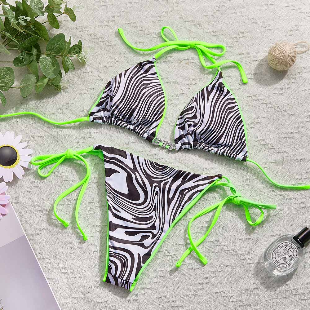 Custom Name Zebra Triangle Halter Bikini Sets Personalized Sexy DIY Crystal Letters Bikini - soufeelau