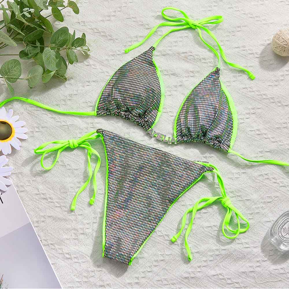 Custom Name Triangle Halter Bikini Sets Personalized Sexy DIY Crystal Letters Bling Bling Bikini - soufeelau