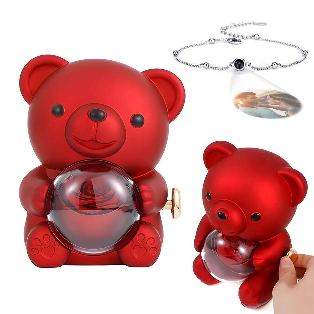 Custom Projection Picture Bracelet with Real Rose Bear Gift box Rose Shaped Necklace Gift Box Jewellery Gift Box - soufeelau