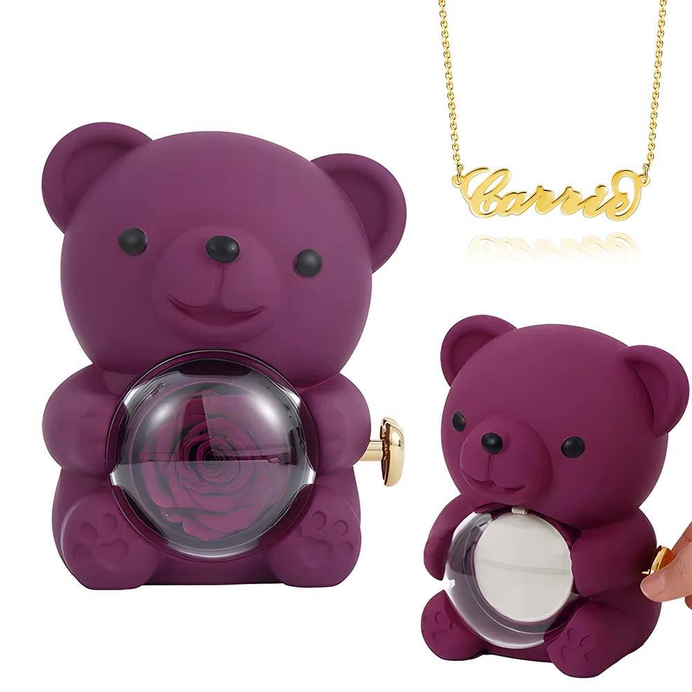 Custom Name Necklace with Real Rose Bear Gift box Rose Shaped Necklace Gift Box Jewellery Gift Box - soufeelau