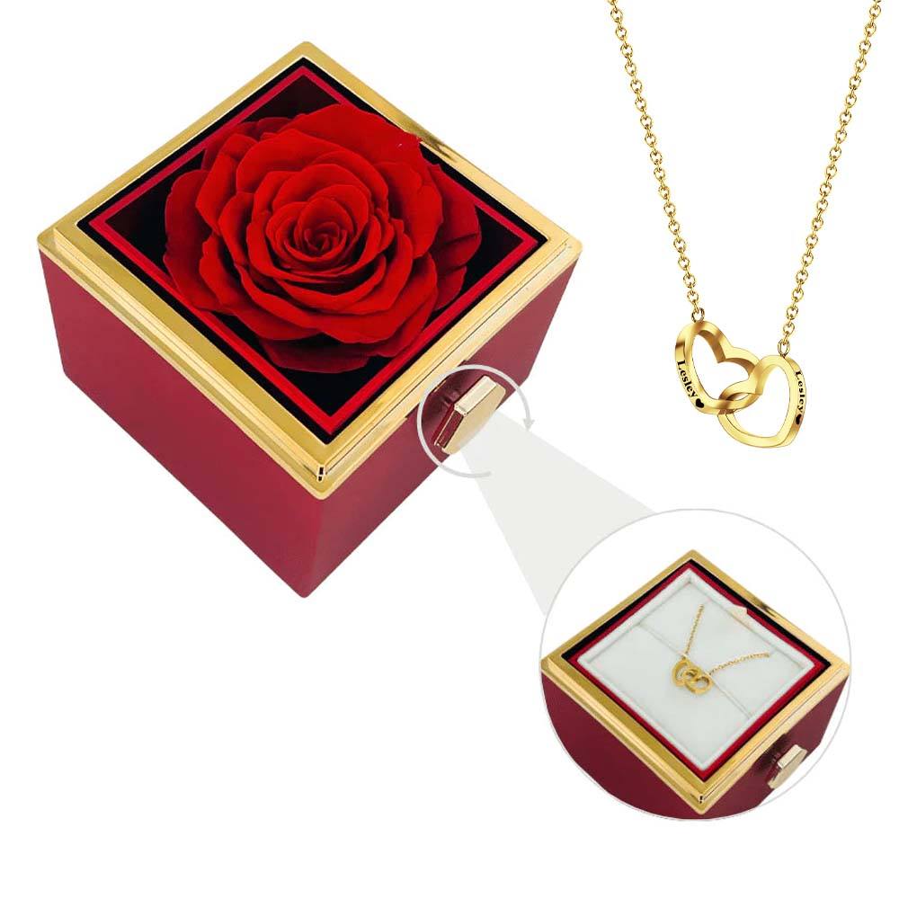 Engraved Heart Necklace with Reversible Preserved Flower Jewelry Box Red - soufeelau