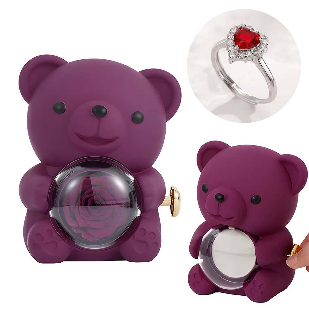 Adjustable Love Ring Couple Ring with Rose Bear Giftbox for Her - soufeelau