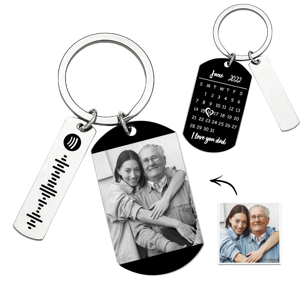 Personalized Spotify Calendar Keychain Custom Picture & Music Song Code Couples Photo Keyring Gift for Father - soufeelau
