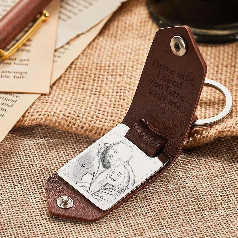 Personalized Leather Keychain Drive Safe Significant Custom Photo Keychain Anniversary Gifts For Father - soufeelau