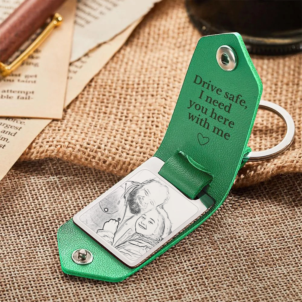 Personalized Leather Keychain Drive Safe Significant Custom Photo Keychain Anniversary Gifts For Father - soufeelau