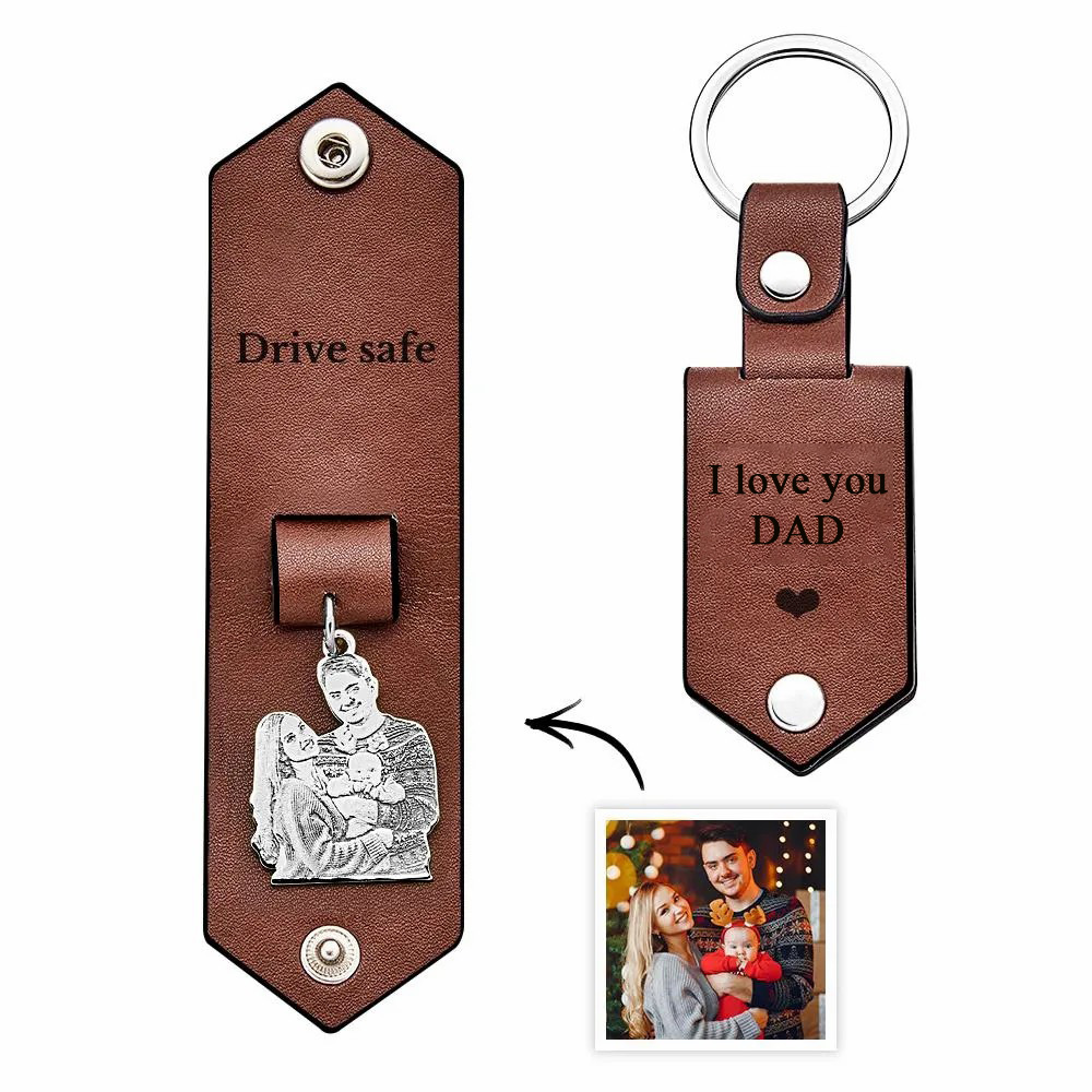 Custom Photo Leather Drive Safe Keychain With Engraved Text Key Ring Annivesary Gifts For Father - soufeelau
