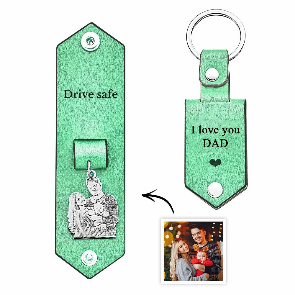 Custom Photo Leather Drive Safe Keychain With Engraved Text Key Ring Annivesary Gifts For Father - soufeelau