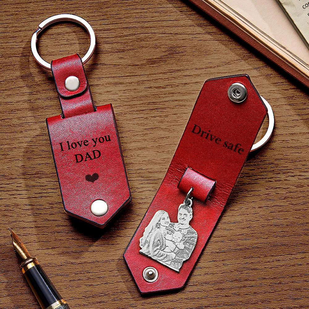 Custom Photo Leather Drive Safe Keychain With Engraved Text Key Ring Annivesary Gifts For Father - soufeelau