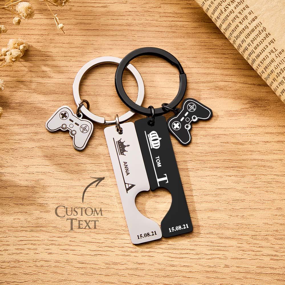 2 Personalized Couple Keychains Engraved Name and Date with Gamepad Charm Keyrings - soufeelau