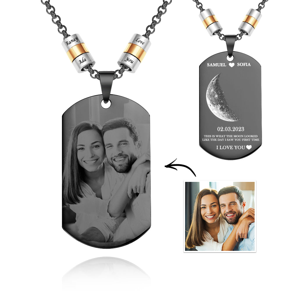 Personalized Moon Phase Photo Necklace With Engraved Beads Edgy Pendant Gifts For Lovers - soufeelau