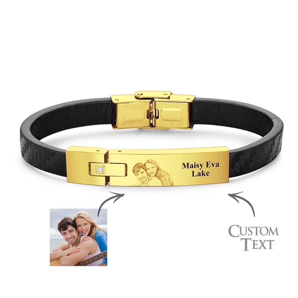 Custom Leather Bracelet Personalized Name and Photo Stainless Steel Bracelet Father's Day Gift - soufeelau