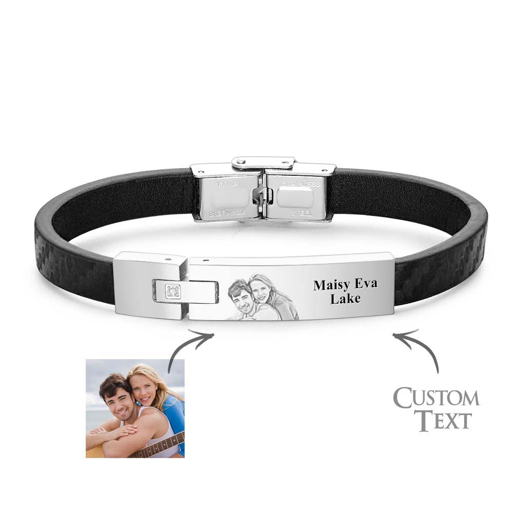 Custom Leather Bracelet Personalized Name and Photo Stainless Steel Bracelet Father's Day Gift - soufeelau