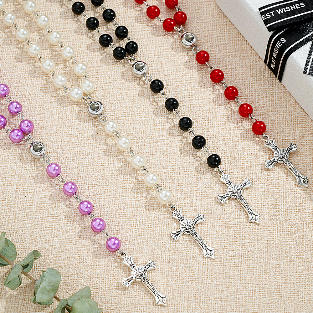 Personalized Photo Projection Multi-Color Rosary Beads Cross Necklace with Photo Memorial Gift for Women - soufeelau