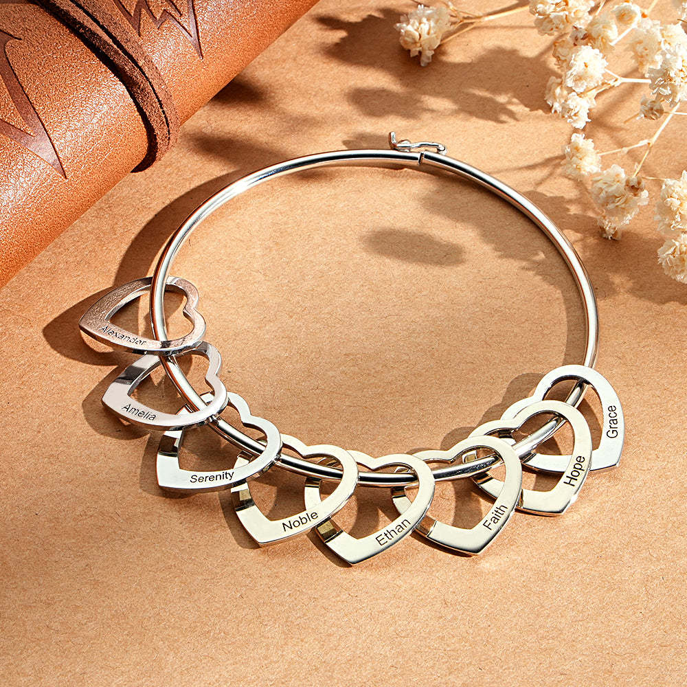 Trendy Engravable Bangle Bracelet with Heart Shape Pendants Gift - soufeelau