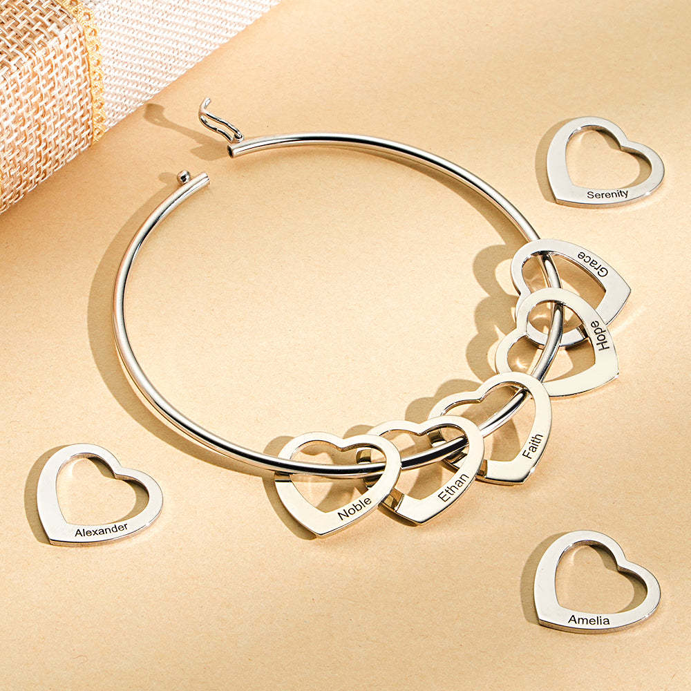 Trendy Engravable Bangle Bracelet with Heart Shape Pendants Gift - soufeelau