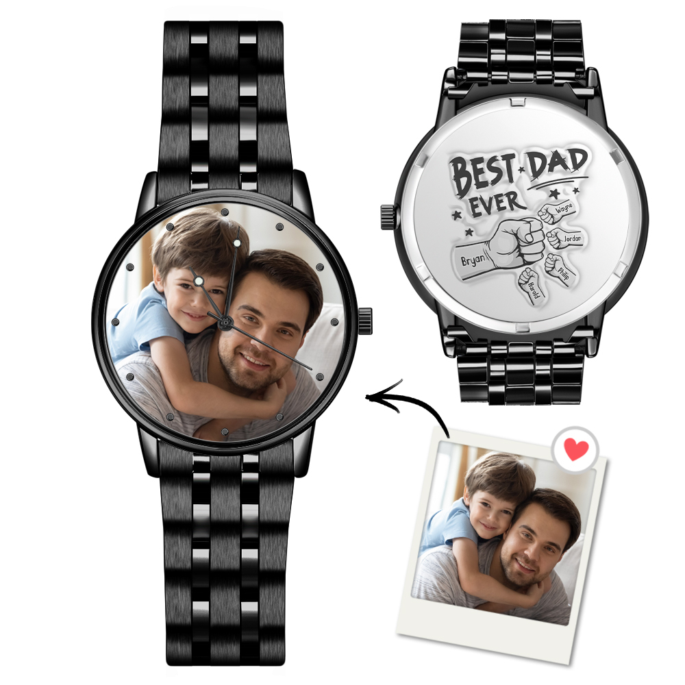 Custom Photo Watch Men's Black Alloy Bracelet Holding Hands Engraved Name Watch Father's Day Gift For Dad - soufeelau