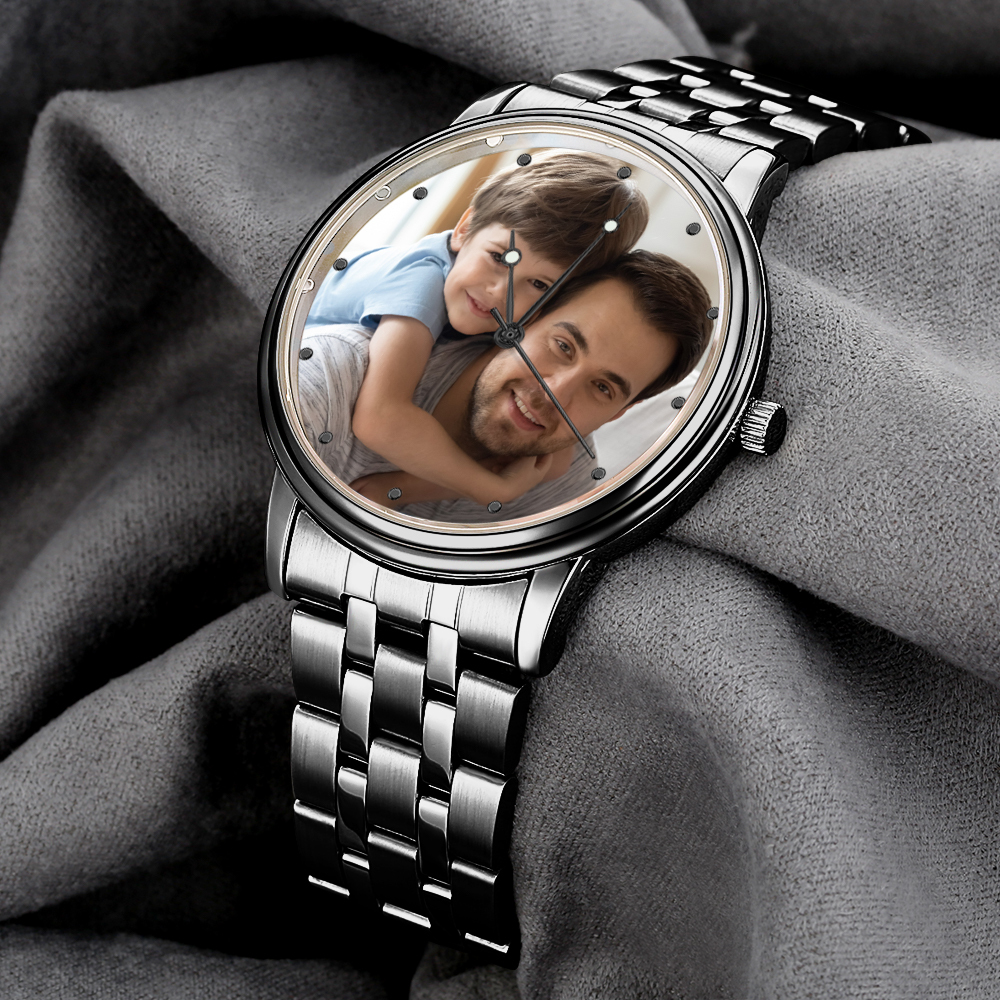 Custom Photo Watch Men's Black Alloy Bracelet Holding Hands Engraved Name Watch Father's Day Gift For Dad - soufeelau