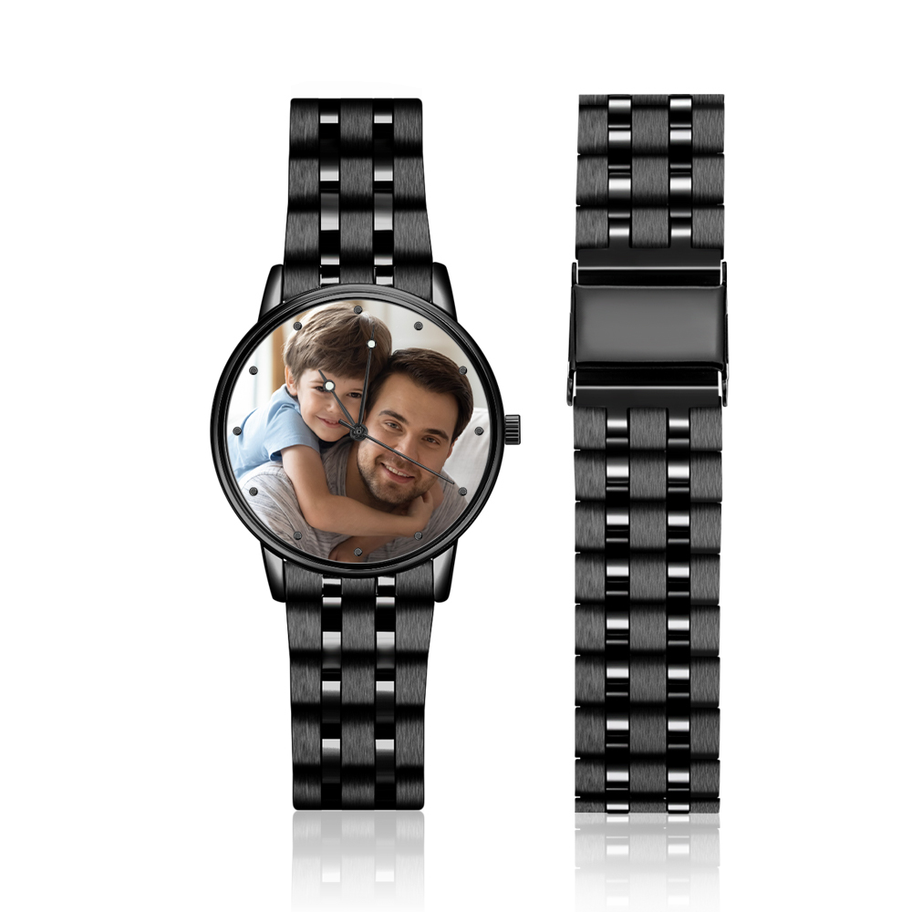 Custom Photo Watch Men's Black Alloy Bracelet Holding Hands Engraved Name Watch Father's Day Gift For Dad - soufeelau