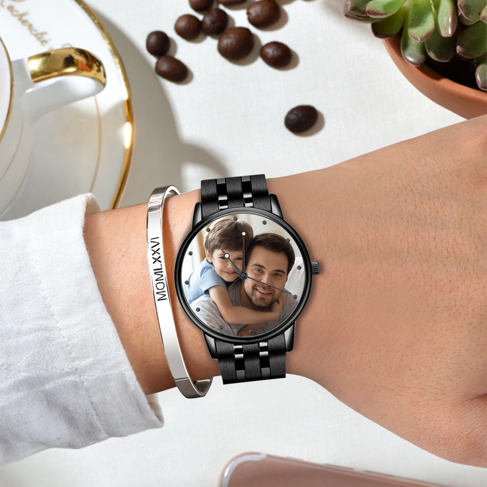 Custom Photo Watch Men's Black Alloy Bracelet Holding Hands Engraved Name Watch Father's Day Gift For Dad - soufeelau