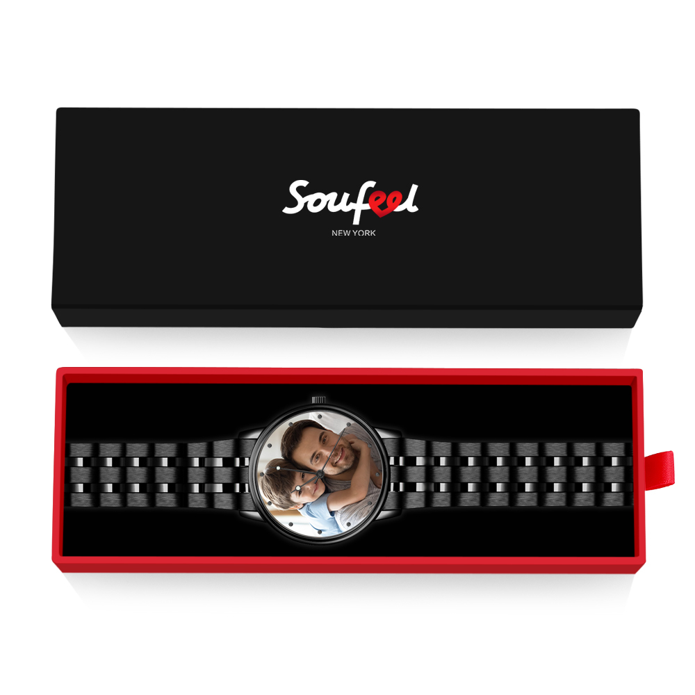 Custom Photo Watch Men's Black Alloy Bracelet Holding Hands Engraved Name Watch Father's Day Gift For Dad - soufeelau