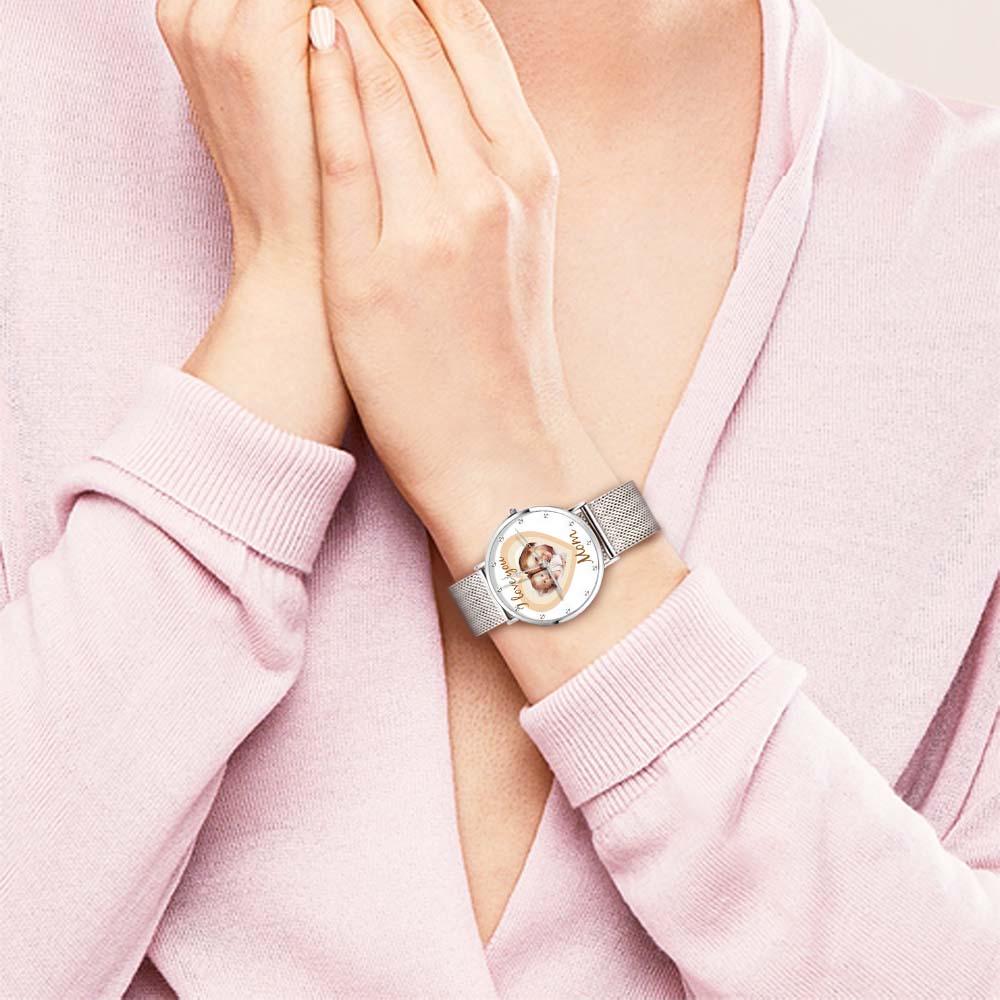 Personalized Heart Engraved Photo Watches With Alloy Strap Mother's Day Gift For Mom - soufeelau