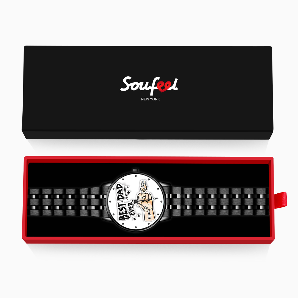 Custom Engraved Watch Men's Black Alloy Watch Holding Hands Bracelet Father's Day Gift for Dad - soufeelau