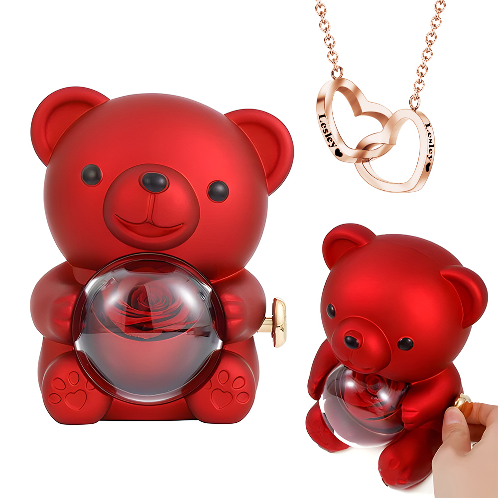 Engraved Heart Necklace with Real Rose Bear Giftbox Rose Shaped Necklace Gift Box Jewellery Gift Box - soufeelau