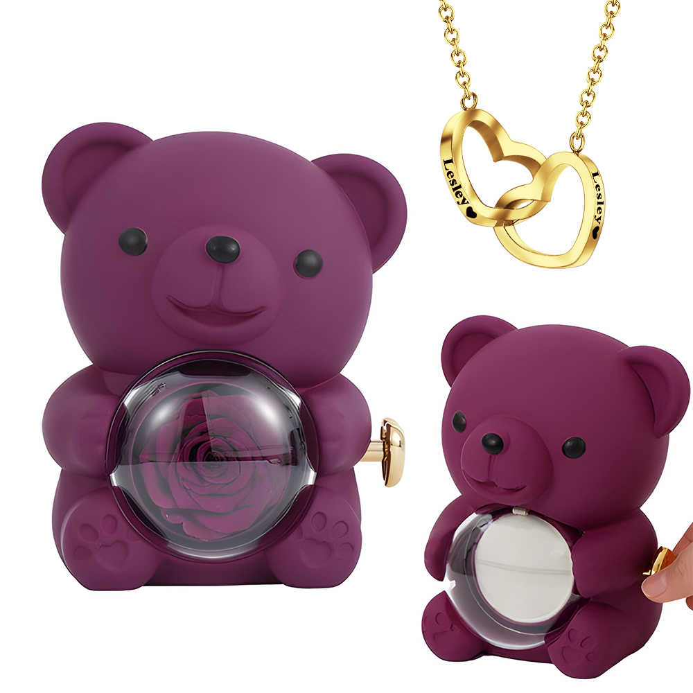 Engraved Heart Necklace with Real Rose Bear Giftbox Rose Shaped Necklace Gift Box Jewellery Gift Box - soufeelau