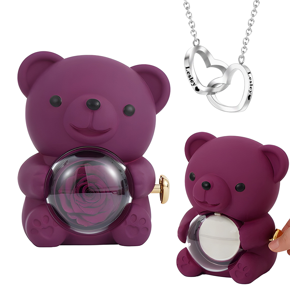 Engraved Heart Necklace with Real Rose Bear Giftbox Rose Shaped Necklace Gift Box Jewellery Gift Box - soufeelau