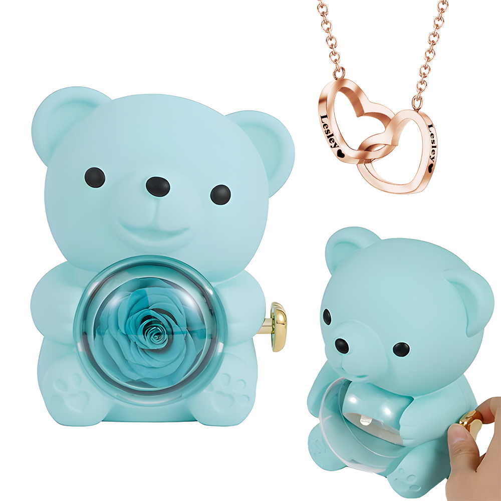 Engraved Heart Necklace with Real Rose Bear Giftbox Rose Shaped Necklace Gift Box Jewellery Gift Box - soufeelau