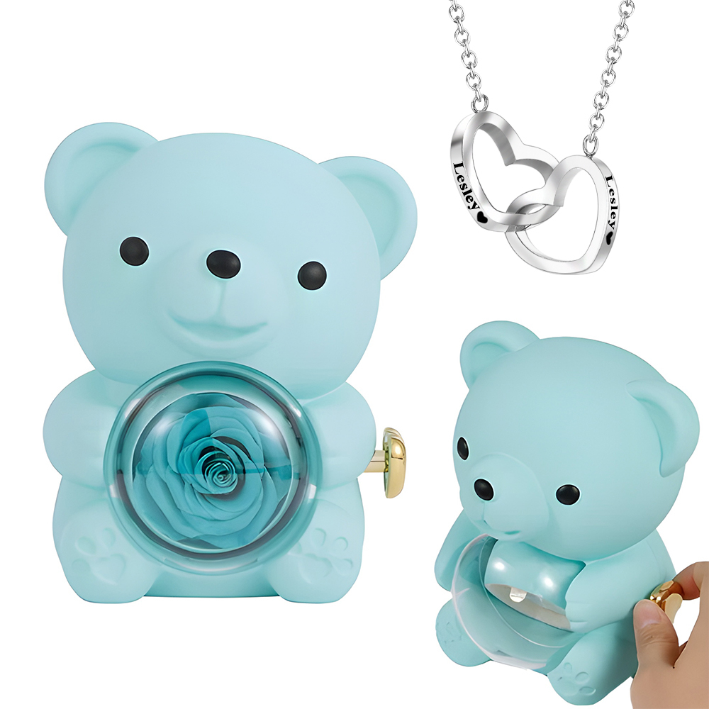Engraved Heart Necklace with Real Rose Bear Giftbox Rose Shaped Necklace Gift Box Jewellery Gift Box - soufeelau