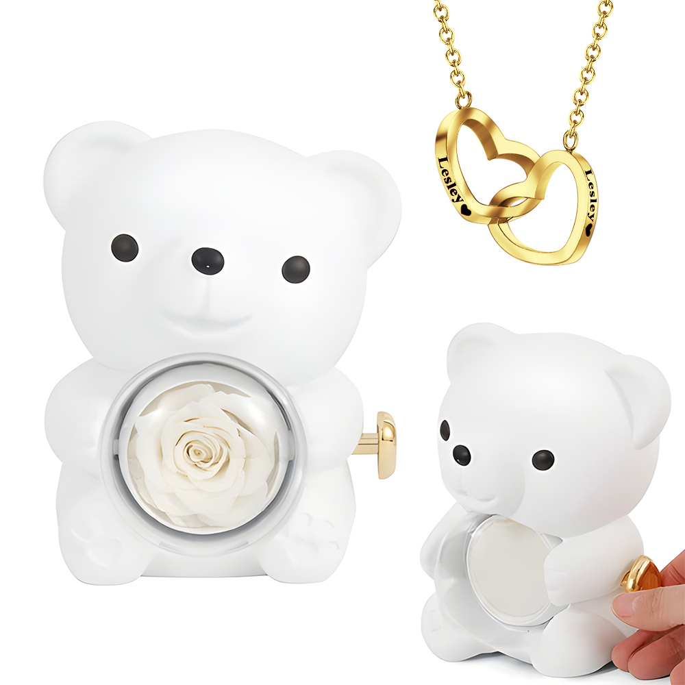 Engraved Heart Necklace with Real Rose Bear Giftbox Rose Shaped Necklace Gift Box Jewellery Gift Box - soufeelau