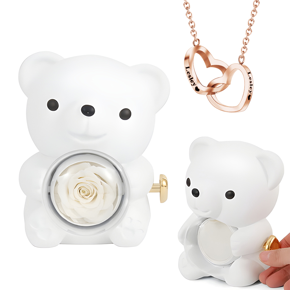 Engraved Heart Necklace with Real Rose Bear Giftbox Rose Shaped Necklace Gift Box Jewellery Gift Box - soufeelau