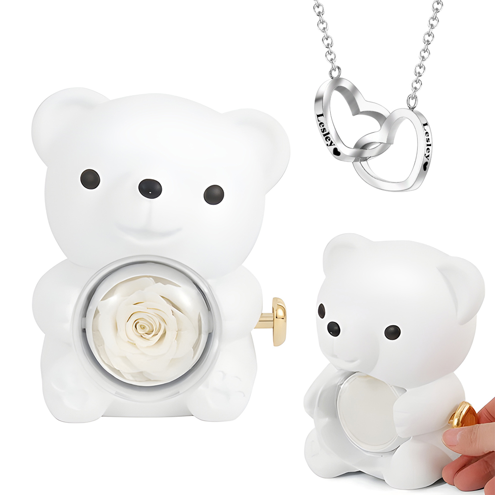 Engraved Heart Necklace with Real Rose Bear Giftbox Rose Shaped Necklace Gift Box Jewellery Gift Box - soufeelau