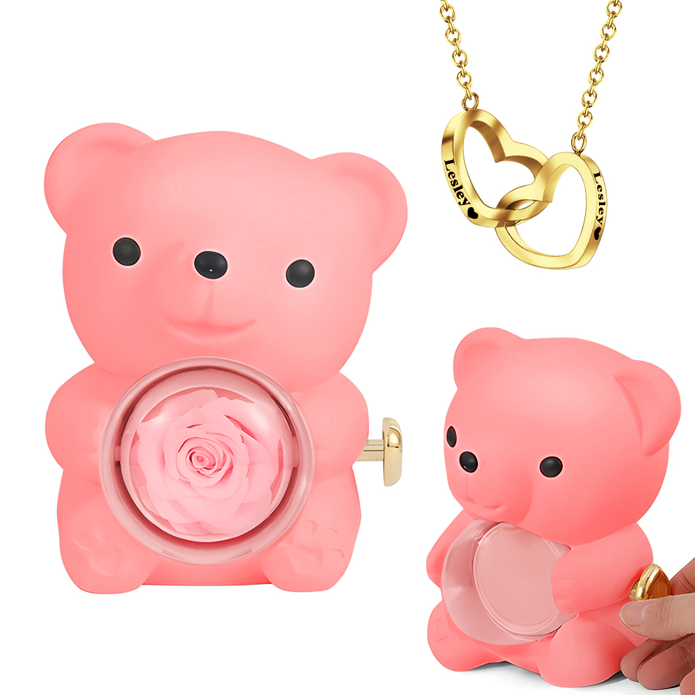 Engraved Heart Necklace with Real Rose Bear Giftbox Rose Shaped Necklace Gift Box Jewellery Gift Box - soufeelau