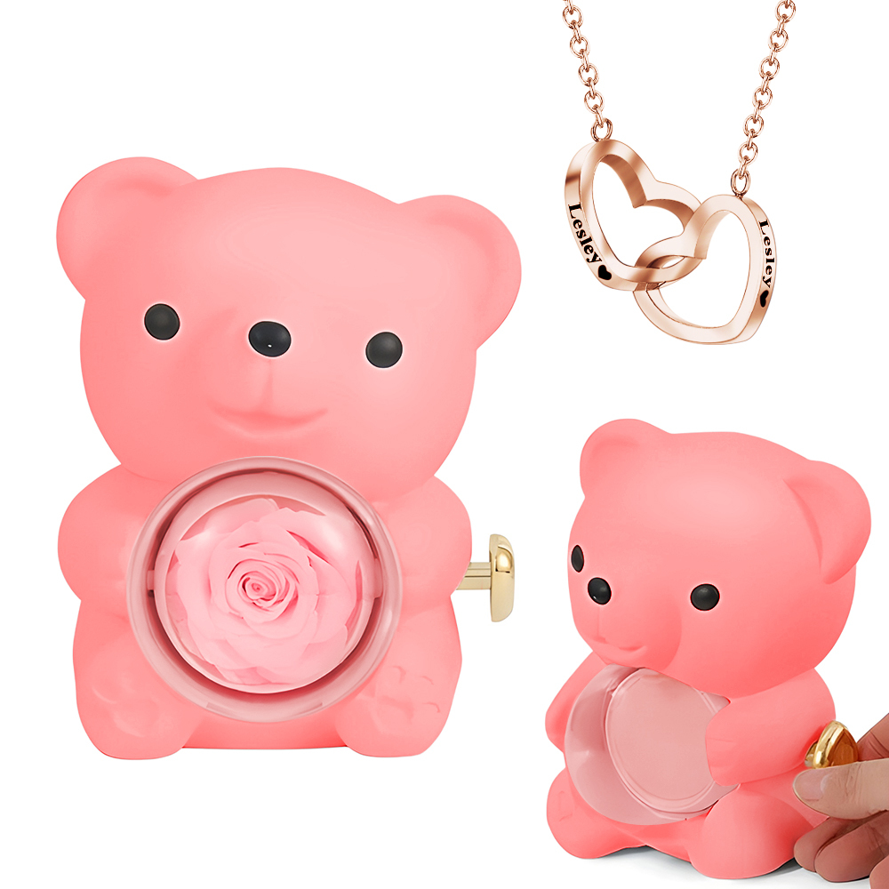 Engraved Heart Necklace with Real Rose Bear Giftbox Rose Shaped Necklace Gift Box Jewellery Gift Box - soufeelau