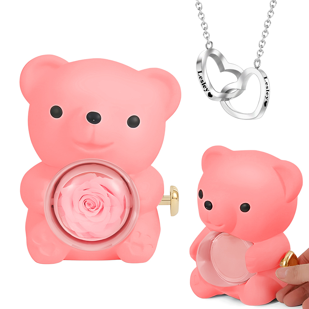 Engraved Heart Necklace with Real Rose Bear Giftbox Rose Shaped Necklace Gift Box Jewellery Gift Box - soufeelau