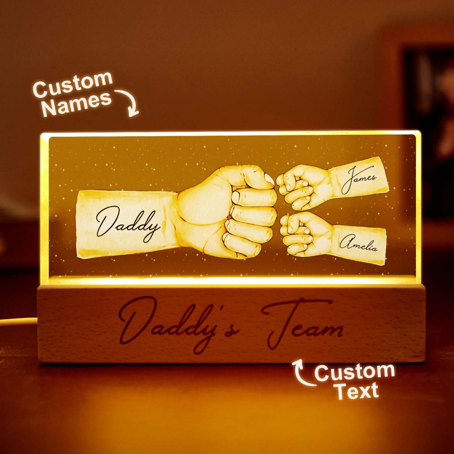 Custom Acrylic LED Night Light Personalized Daddy's Team Fist Bump Father's Day Gift For Dad - soufeelau