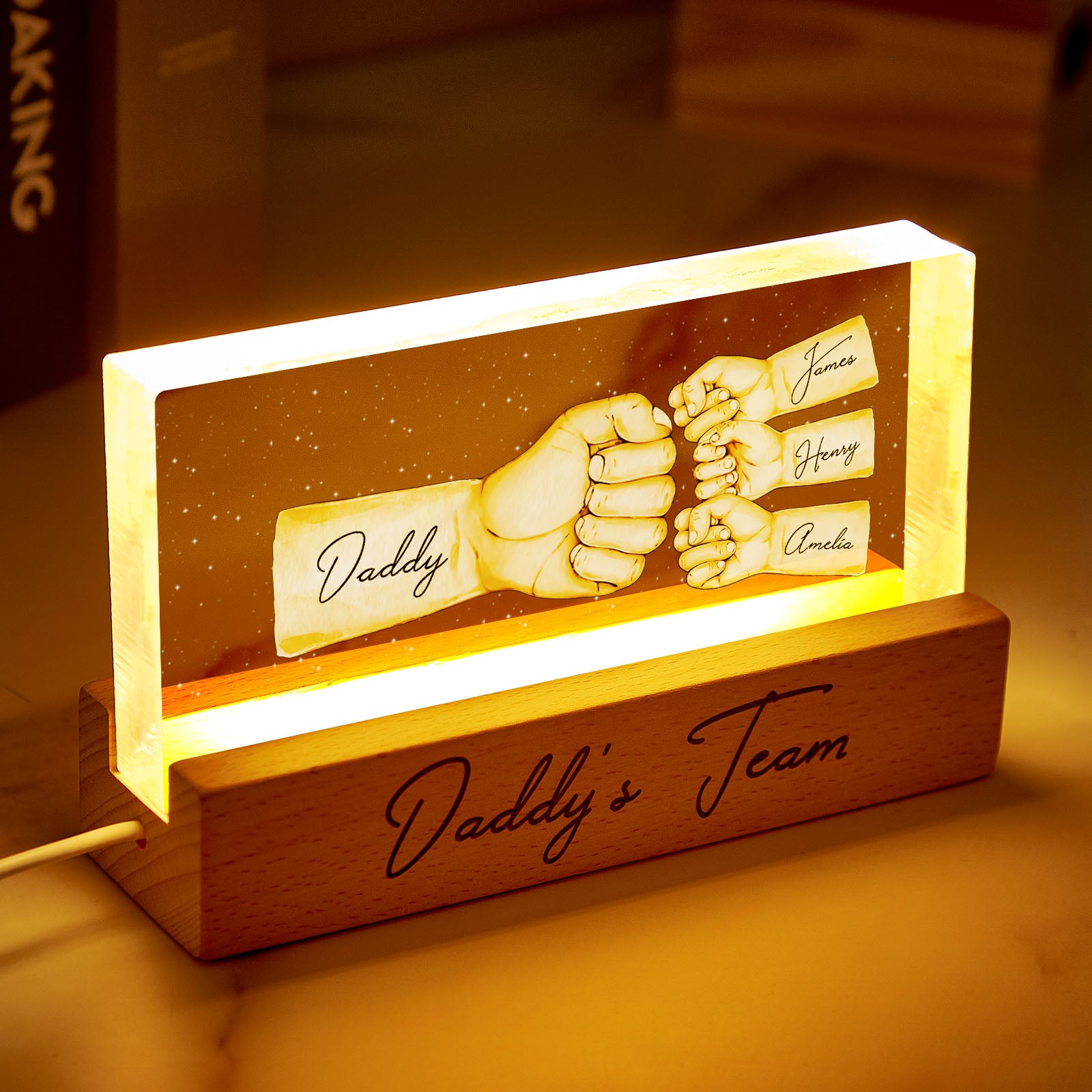 Custom Acrylic LED Night Light Personalized Daddy's Team Fist Bump Father's Day Gift For Dad - soufeelau