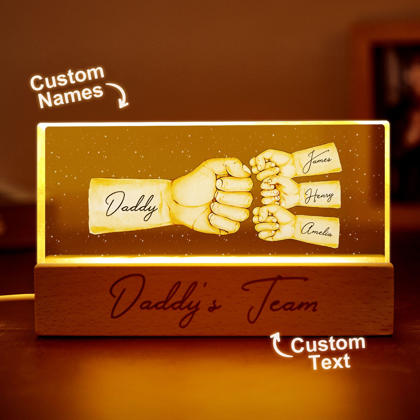 Custom Acrylic LED Night Light Personalized Daddy's Team Fist Bump Father's Day Gift For Dad - soufeelau