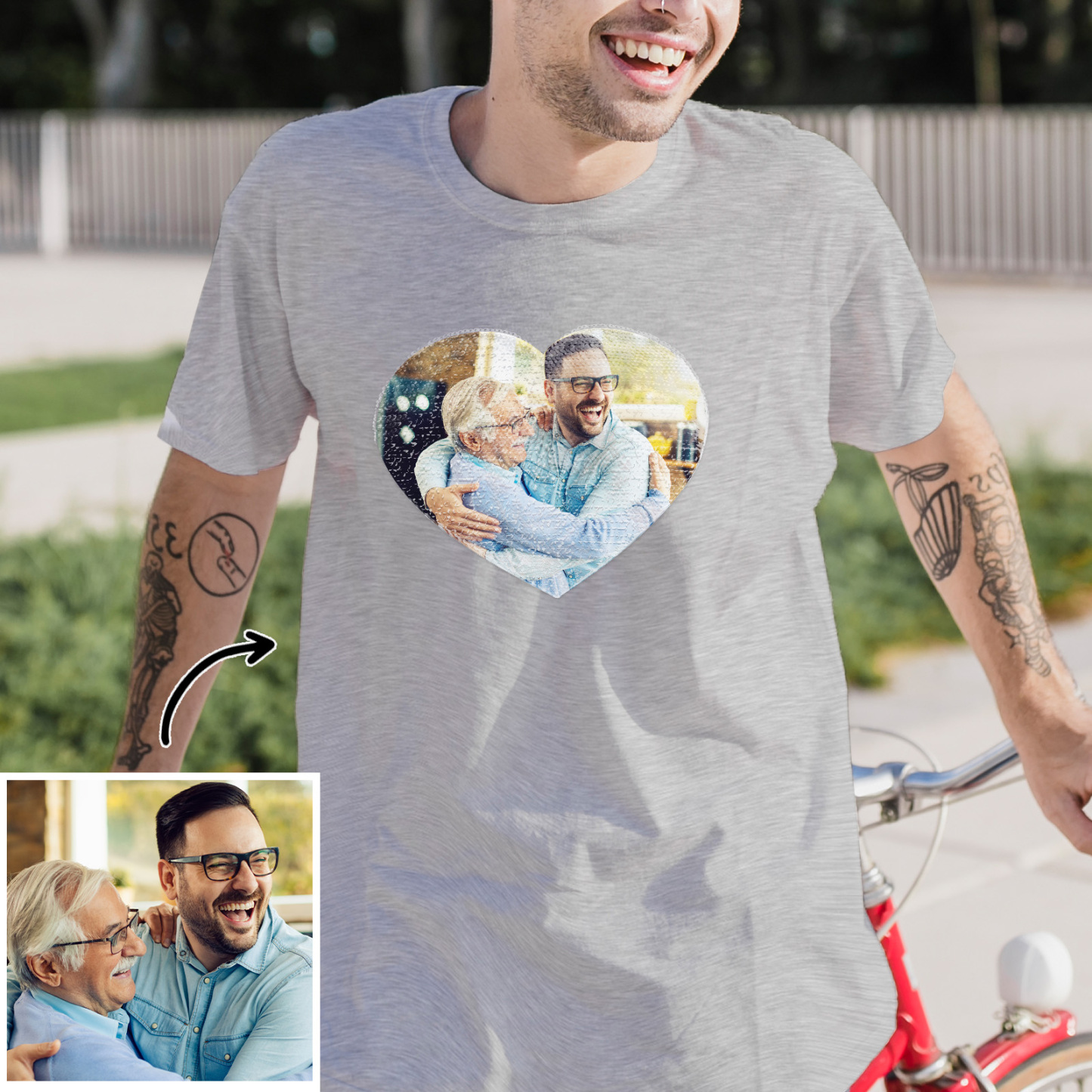 Custom Photo Heart Flip Double Sided Sequin T-shirt Personalized Picture Sequin Tee Father's Day Gifts Super Dad - soufeelau