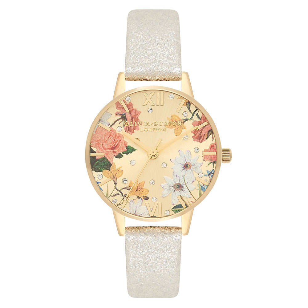 Olivia Burton Shimmer Pearl Leather Pale Gold & Floral Dial Ladies Watch