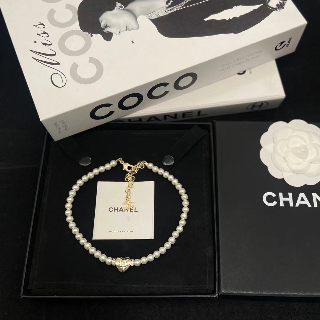 CHANE1 ハート ダブルC パールネックレス【50％割引+送料無料】