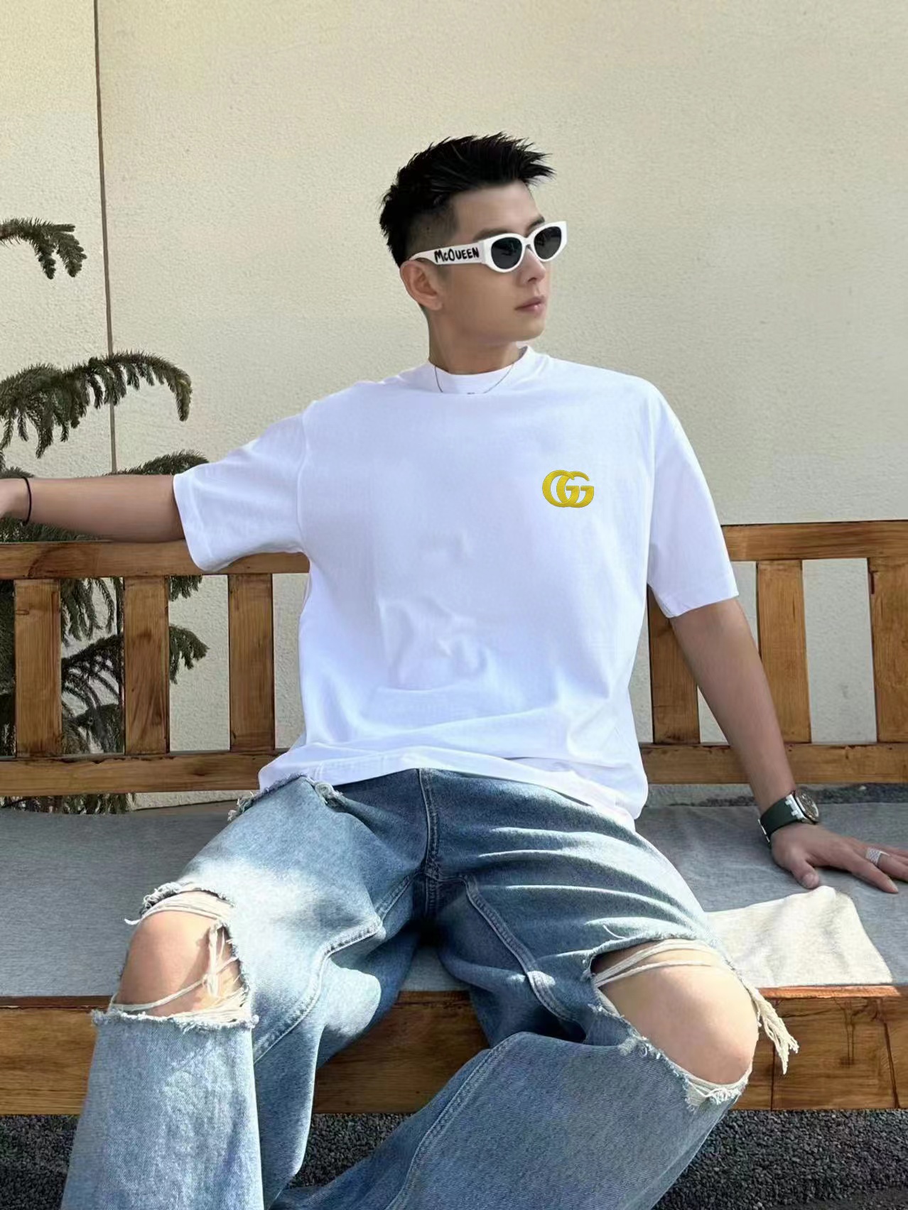 GUCC1 シンプル刺繍文字 メンズ Tシャツ【 50％割引+送料無料】