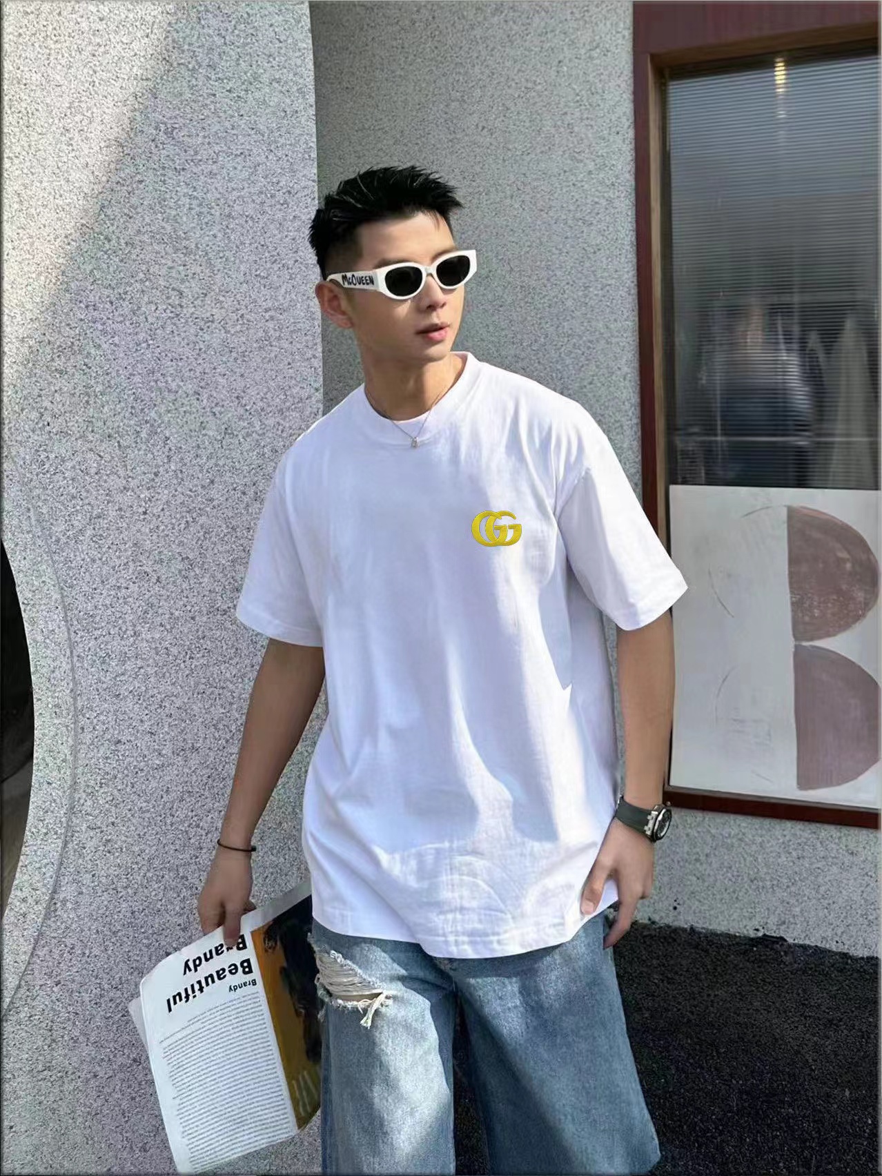 GUCC1 シンプル刺繍文字 メンズ Tシャツ【 50％割引+送料無料】