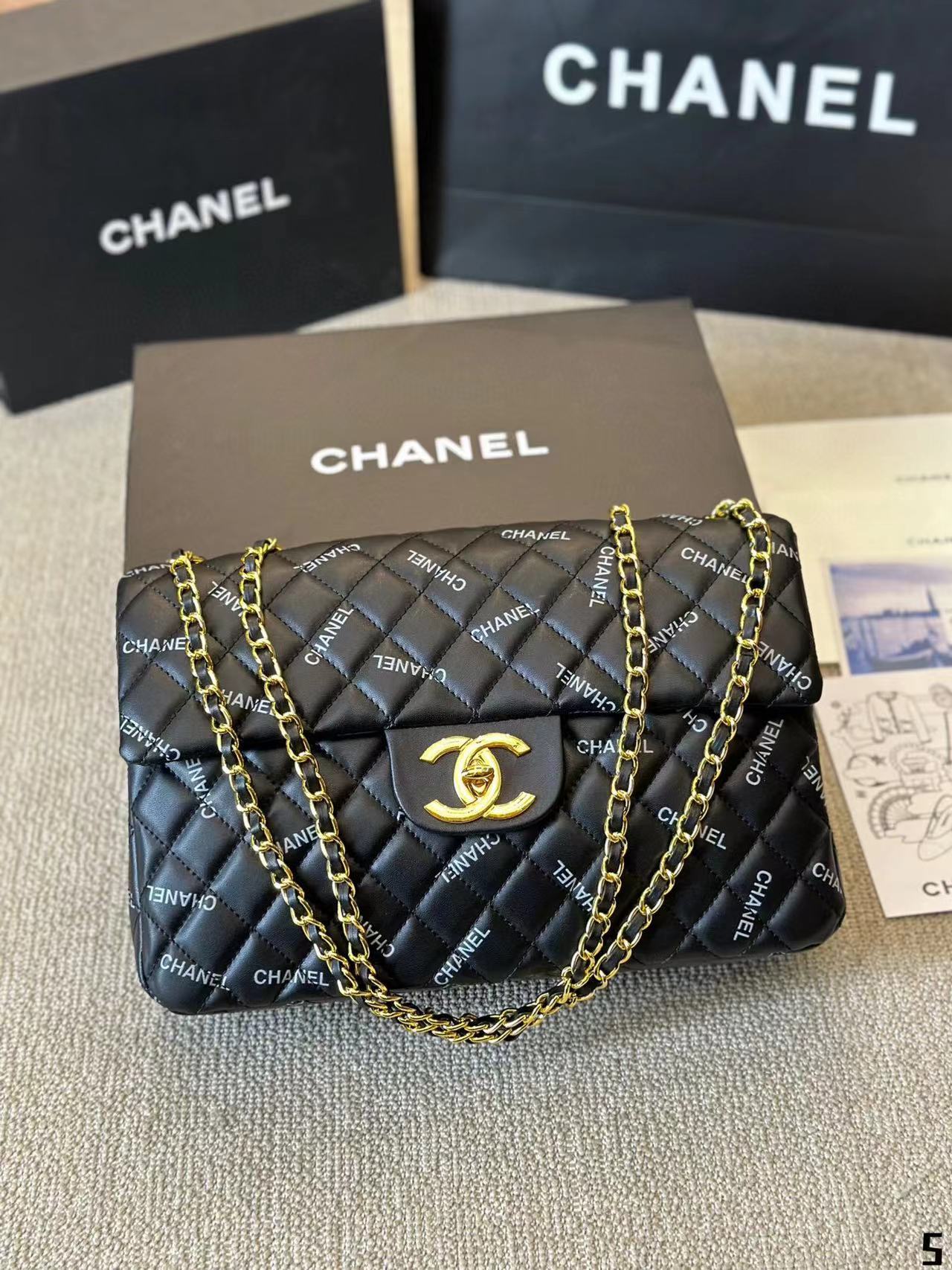 CHANE1 ブラック ゴールド レター チェーン ショルダー クロスボディバッグ【50％割引+送料無料】