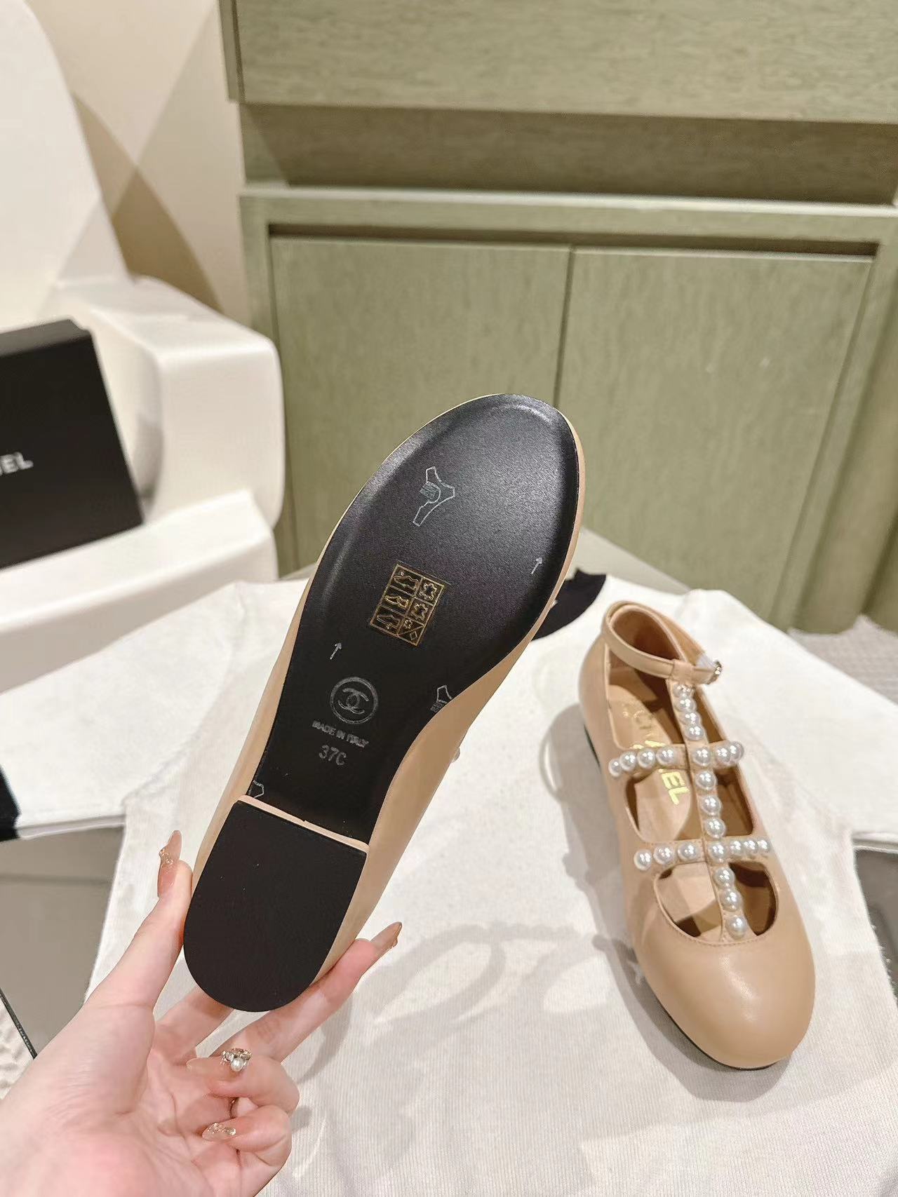 CHANE1 高品質パールフラットシューズ【50％割引+送料無料】