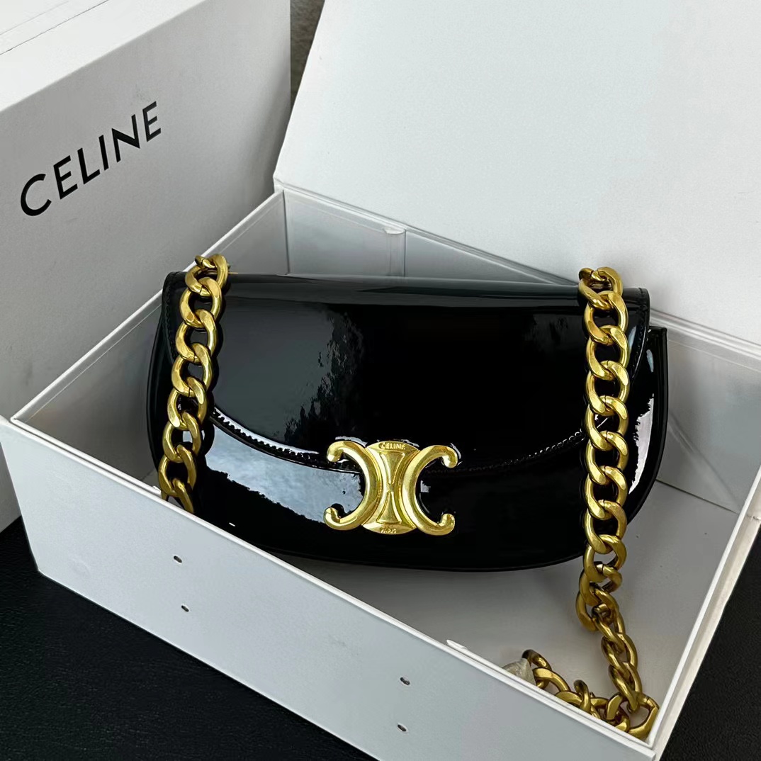 CEL1NE パテントレザー チェーン ハーフムーン バッグ【50％割引+送料無料】